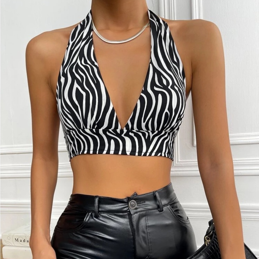 SHEIN Unity Zebra Stripe Backless Crop Halter Top